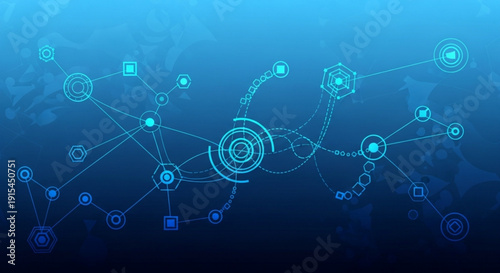 Network connections and data exchange visualized in a futuristic blue gradient background with geometric symbols
