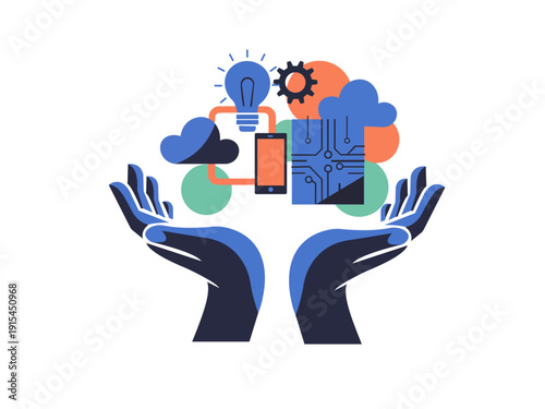 Creative Innovation and Digital Technology Concept in Hands – Business Idea and Smart Solution Vector Illustration