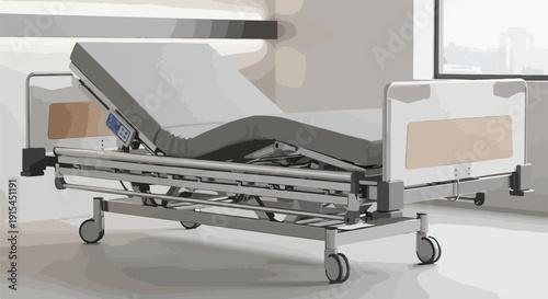Modern adjustable hospital bed with orthopedic mattress in a clean, minimalist medical room, symbolizing patient care and recovery.
