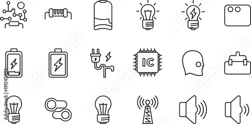 Technology and electronics outline icon set, black line vector collection with battery, light bulb, microchip, plug, speaker and network symbols isolated background