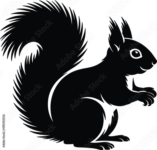 A striking black and white silhouette illustration of a curious squirrel perched attentively, showcasing its bushy tail and alert posture