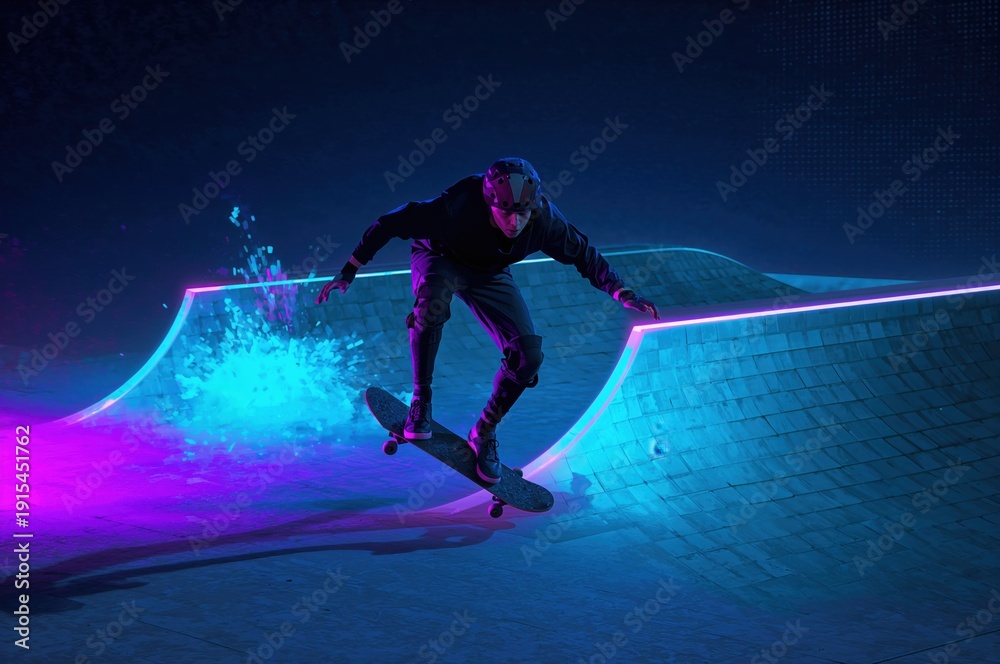 Naklejka premium Futuristic skate moment caught as neon pixel ramps glow beneath a perfect ollie