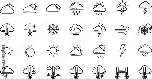 Weather forecast outline icon set, climate and meteorology line symbols including sun, cloud, rain, snow, wind, lightning and temperature isolated background vector