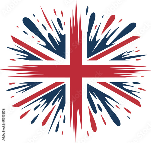 Abstract, stylized Union Jack flag design with bursts of red, white, and blue paint splatters and lines, evoking energy and celebration