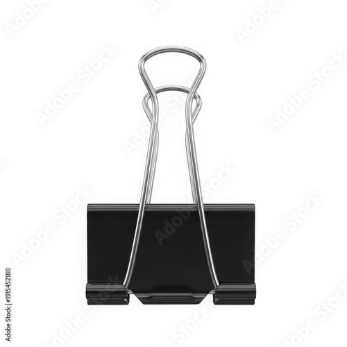 A black binder clip with a silver metal handle isolated on transparent background