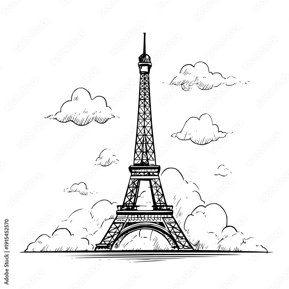 Fototapeta premium Illustration of the eiffel tower surrounded by clouds in a sketch style with black and white colors