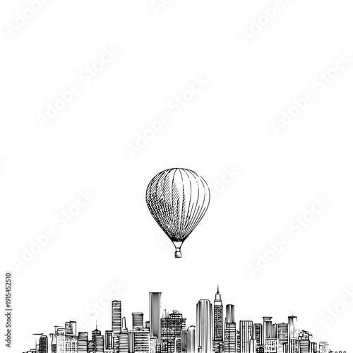 Black and white sketch of a hot air balloon floating above a detailed city skyline with skyscrapers and buildings