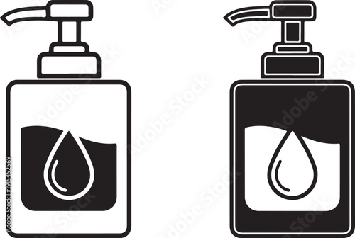 Black and white hand soap dispenser with drop symbol pump dispenser