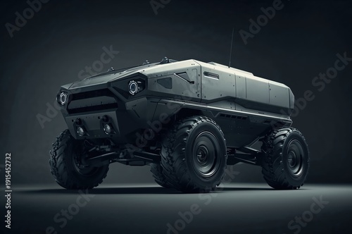 Futuristic armored unmanned ground vehicle with advanced sensors and rugged design