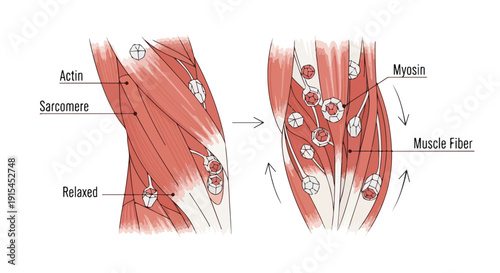 Detailed diagram illustrating muscle contraction and relaxation, showcasing the interaction of actin, myosin, sarcomere, and muscle fibers in human anatomy and physiology.