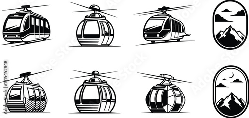 Cable Car And Gondola Lift Silhouette Icon Set Representing Mountain Transport, Aerial Tramway, Tourism Travel And Alpine Adventure Concept