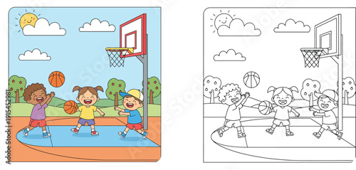 Children Playing Basketball Outdoors Coloring Page and Color Illustration Set for Kids Activity Book Featuring Happy Boys and Girls with Basketball Hoop and Nature Background (173 characters)