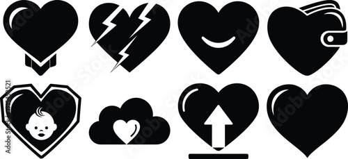 Set of black heart shapes in different designs and styles on isolated for artistic projects