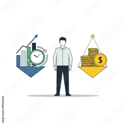 Man weighing time vs money, financial growth, investment, business concept