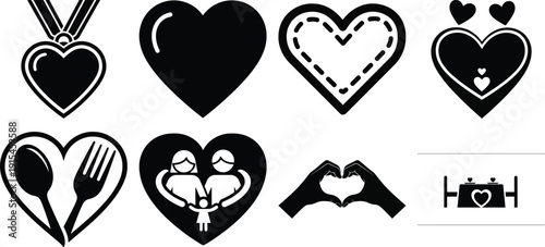 Various black heart shapes and designs on a pure