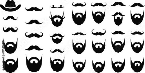 Mustache And Beard Silhouette Icon Set Featuring Various Male Facial Hair Styles Representing Barber Shop, Grooming And Hipster Fashion Concept