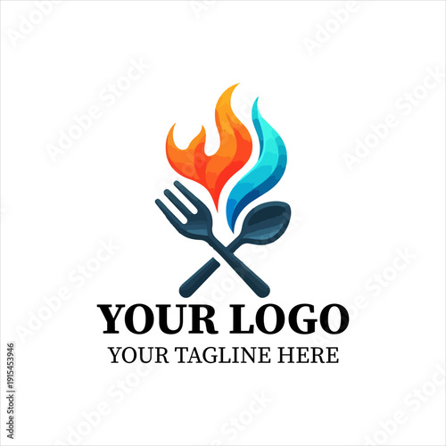 Fire Spoon and Fork Logo Vector – Modern BBQ Restaurant Flame Cutlery Icon for Culinary Brand Design