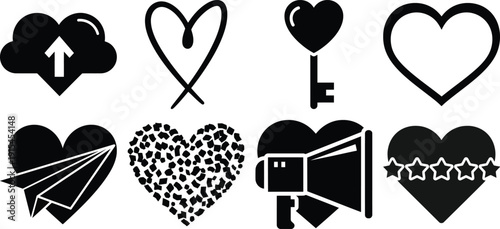Collection of various heart shapes and symbols in black and white for valentines day or love themed designs