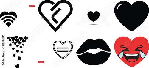 Various heart shapes and symbols in black and red on for valentines day designs