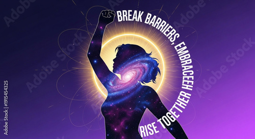 Empowered woman breaking barriers with galaxy-inspired strength