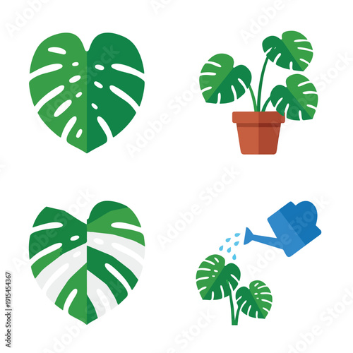 Monstera Deliciosa Houseplant and Pot Icon Set