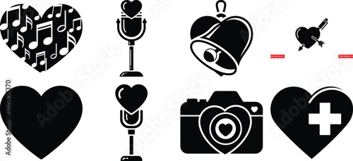 Collection of various black heart shapes and symbols