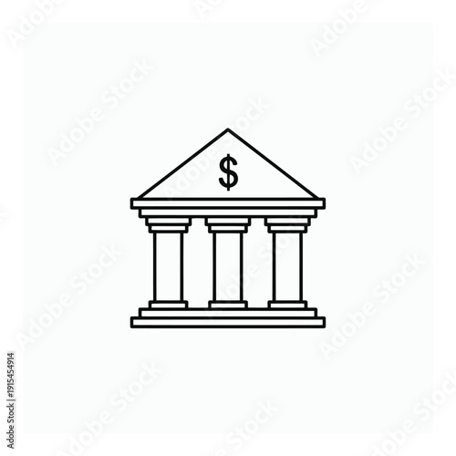 A simple line drawing of a bank building with a dollar sign on the triangular roof