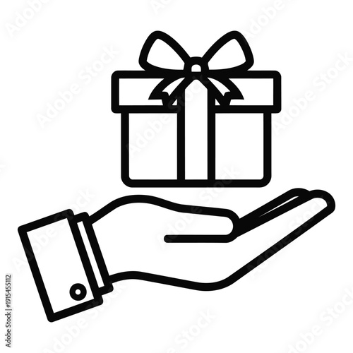 A hand holding a gift box with a bow on top in a simple line drawing style