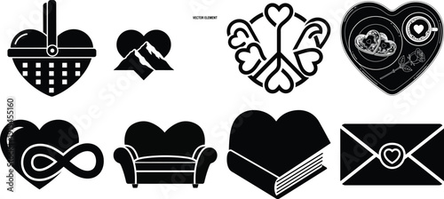 Set of creative heart shapes and objects in black