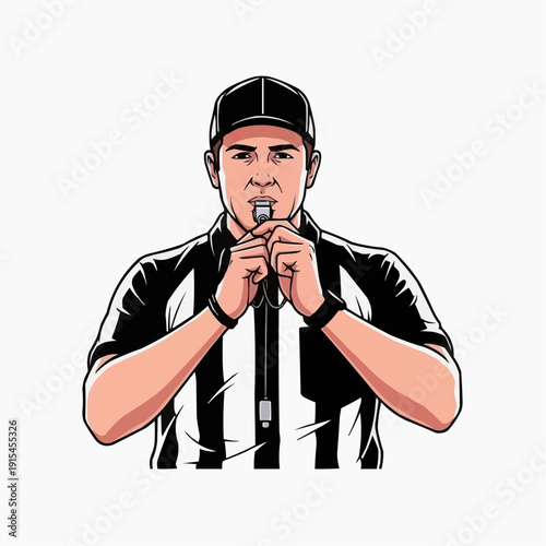 A cartoon illustration of a referee holding a whistle in his hands