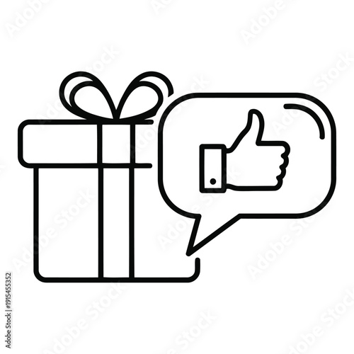 A simple line drawing of a gift box with a thumbs up in a speech bubble