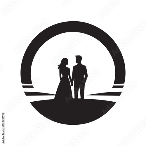 sunset couple vector silhouette line art logo concept illustration