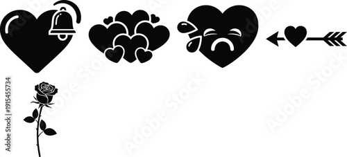 Various heart shapes and love symbols in black silhouette on for valentines day