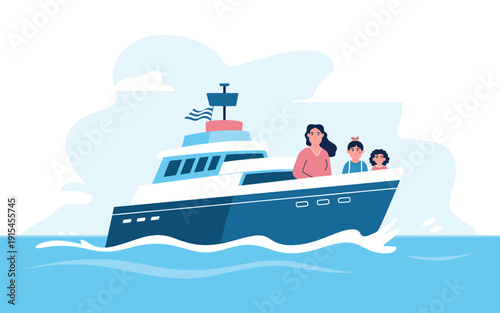 A family enjoys a leisurely boat ride on a sunny day with a beautiful cloudy sky