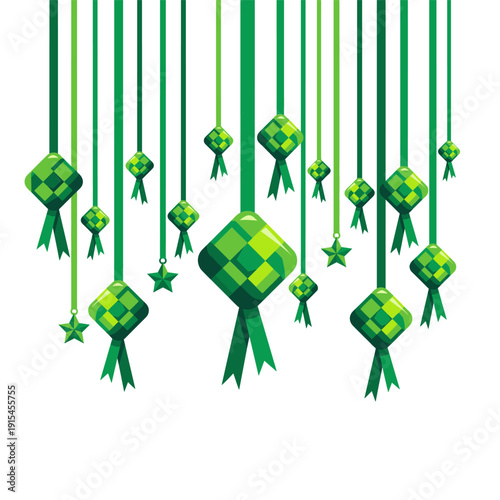 Hanging ketupat ornaments on long green ribbons, woven diamond shapes suspended in rows, festive Eid decoration concept, minimal vertical strands with traditional Malay craft detail on clean space