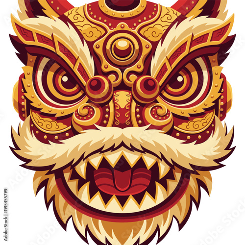 Fierce Chinese lion dance head, ornate red gold patterns and sharp teeth, fluffy cream brows and mustache, bold festival mask character for Lunar New Year celebration, intense front stare