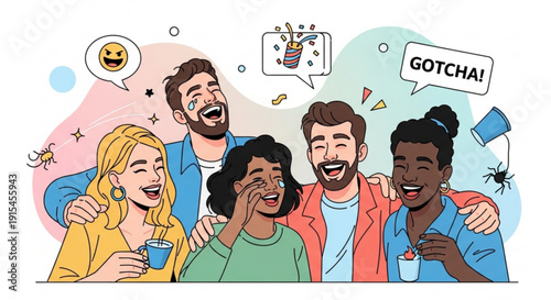 Diverse group of friends laughing and joking together with drinks in a fun colorful setting with speech bubbles