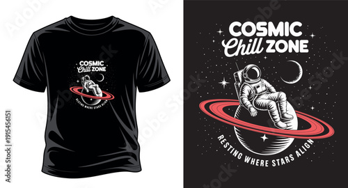 Astronaut relaxing on planet ring, cosmic chill zone text, universe, stars