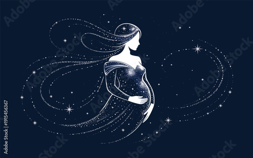 A pregnant woman is depicted in a beautiful, starry night sky, surrounded by swirling lines of light, in a stunning vector graphic illustration.