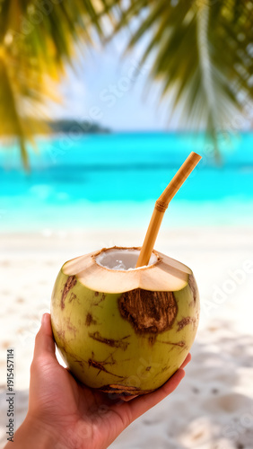 A hand holds a fresh coconut drink with a straw on a beautiful tropical beach