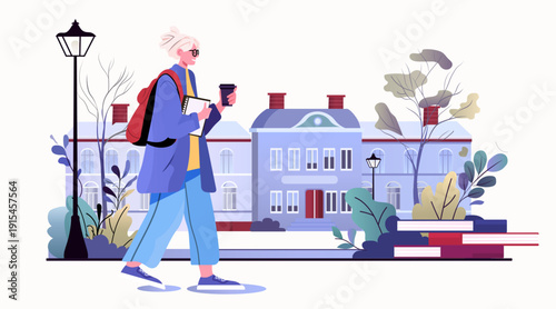 Active senior woman student campus walking autumn learning modern elderly person with backpack coffee books cityscape outdoor flat design