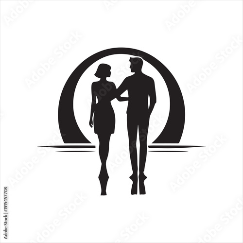 sunset couple vector silhouette line art logo concept illustration
