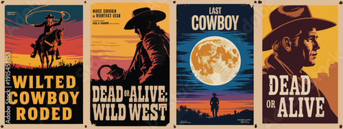 Epic Wild West Cowboy Poster Collection with Rodeo, Lone Riders, Moonlit Cliffs and Gunslinger Silhouette Western Style.