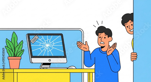 Two men reacting to a broken computer monitor on a desk with a plant in an office setting