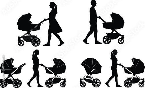 Baby stroller silhouettes collection, parents walking with pram set, family childcare transport vector illustration, newborn care lifestyle and parenting activity concept