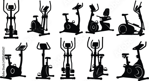 Black vector silhouette set of gym stationary bikes and elliptical trainers for fitness workout exercise health club branding and indoor cardio training design