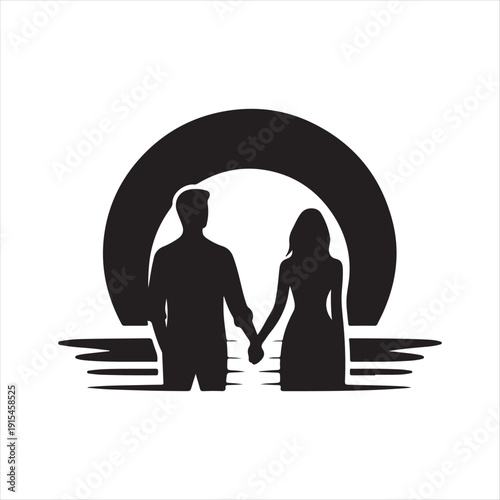 sunset couple vector silhouette line art logo concept illustration