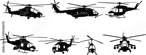 Black vector silhouette set of military helicopters attack choppers and transport aircraft for air force defense aviation history and tactical mission branding design