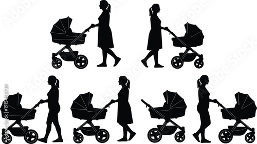 Black vector silhouette set of mothers walking with baby strollers for parenting motherhood infant care family lifestyle and park leisure branding design