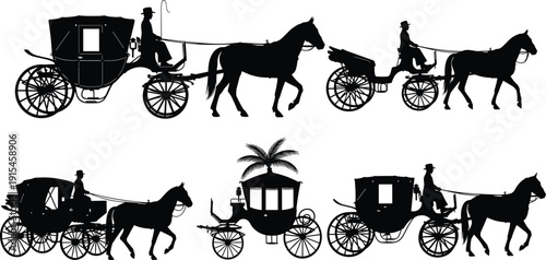 Black vector silhouette set of vintage horse drawn carriages and classic royal coaches for historical transportation wedding events fairy tale and nostalgic branding design
